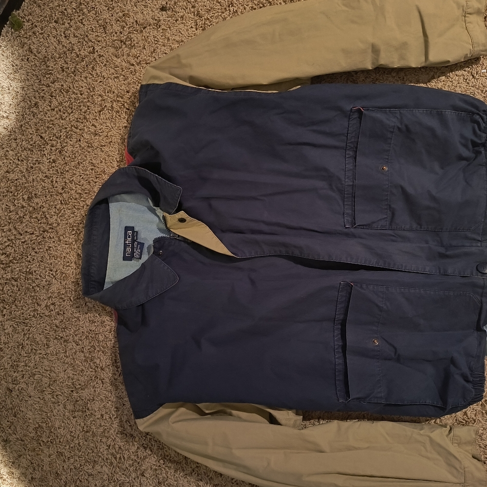 Vintage 1990's Nautica blue/tan jacket with plaid back XL